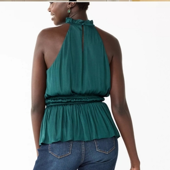 Nine West Sleeveless Ruffle Halter Peplum Top, Forest Green, XS, 19"PTP, 24"L - Picture 2 of 7